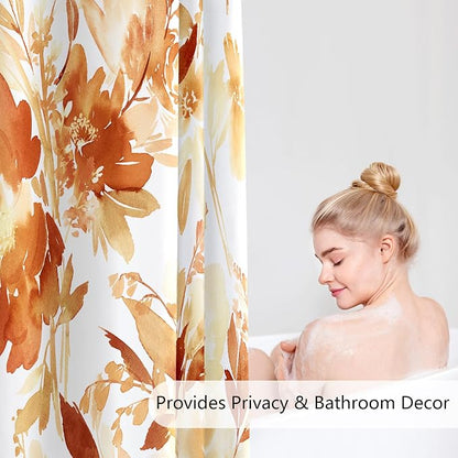 Extra Long Shower Curtain 72 x 84 Inch, Tall Orange Fall Floral Decor | Burnt Orange Fall Watercolor Floral Modern Abstract Flower Bathroom Fabric Shower Curtain Set with Hooks