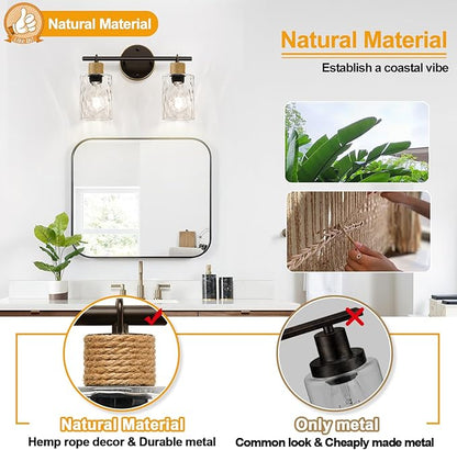 Bathroom Light Fixtures, 2-Light Coastal Vanity Lights with Crystal Glass Shade, Brown and Gold Bathroom Wall Lamp for Mirror Kitchen Hallway Cabinet