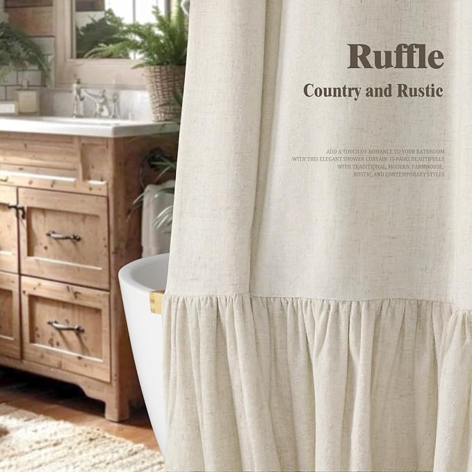 Farmhouse Shower Curtain Ruffle Linen Cream 72" W x 96" L | Linen Fabric, Farmhouse Boho, Bottom Ruffle, Rustic, Country, Natural Look, Washable, Shower Curtain for Bathroom Bathtub