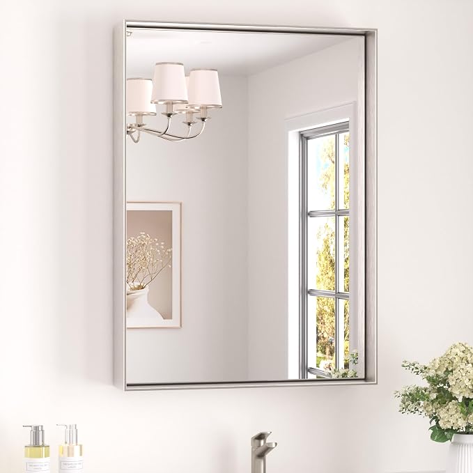 Keonjinn 22x30 Inch Nickel Bathroom Mirror for Over Sink, Wall Mounted | HD Tempered Glass, Vanity Mirror, Brushed Framed, Square Corner, Modern Farmhouse, Rectangular Mirrors, Aluminum Alloy