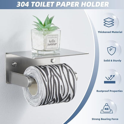 Toiler Paper Holder with Phone Shelf, Brushed Nickel, Wall Mounted | 304 Stainless Steel, Rust-resistant Tissue Holder for Bathroom Restroom Powder Room, Stable Paper Roll & Phone Storage
