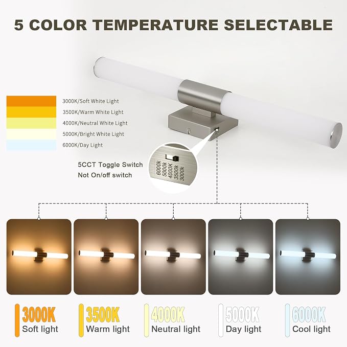 Brushed Nickel Bathroom Light Fixture 5CCT Dimmable 18W Led Bathroom Vanity Lights Over Mirror Modern Bath Lights for Mirror