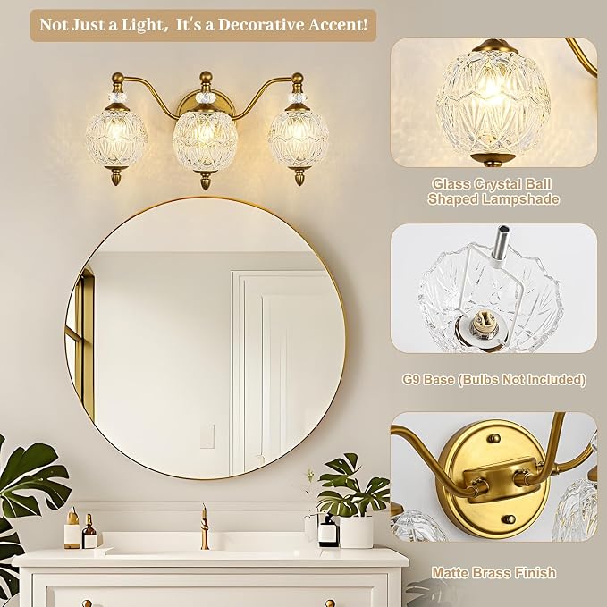 Vintage Bathroom Vanity Light, 3-Light Mid Century Matte Brass Finish Wall Sconce with Globe Glass Shades, Retro Mirror Light for Bathroom, Powder Room