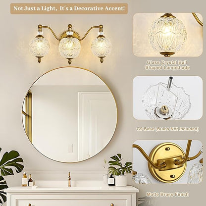 Vintage Bathroom Vanity Light, 3-Light Mid Century Matte Brass Finish Wall Sconce with Globe Glass Shades, Retro Mirror Light for Bathroom, Powder Room