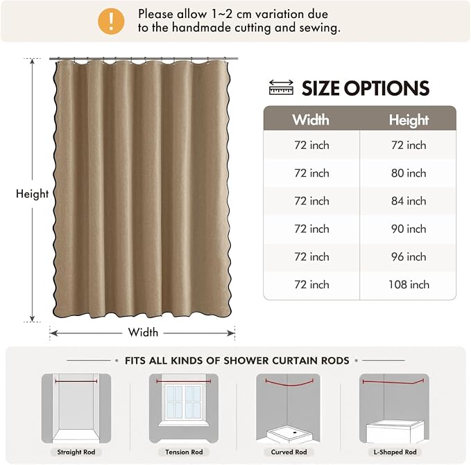 ANRODUO Khaki Scalloped Linen Textured Shower Curtain, W72 x L108 | Boho Farmhouse Shower Curtain with 12 Metal Hooks, Machine Washable Waterproof Heavy Duty Fabric for Bathroom Bathtub