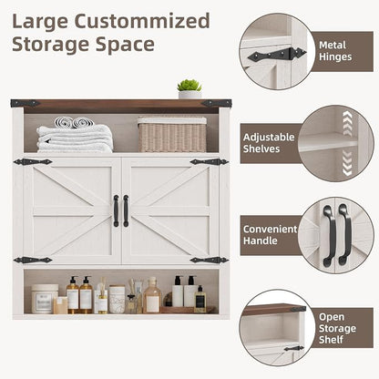 Bathroom Wall Cabinet, Farmhouse Medicine Cabinet with Adjustable Shelves and 2 Barn Doors, Wall Mounted Over the Toilet Storage Cabinet for Bathroom, Laundry Room, Kitchen, Rustic White and Brown