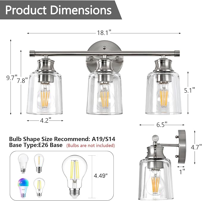 Bathroom Light Fixtures Over Mirror, 3 Lights Vanity Lights with Clear Glass Shade, 18.1" Brushed Nickel Farmhouse Bathroom Wall Light Fixtures for Bedroom, Hotel, Mirror Cabinet