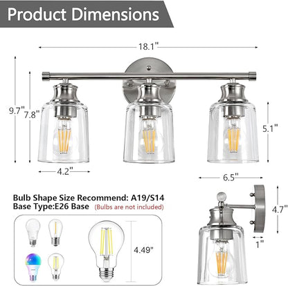Bathroom Light Fixtures Over Mirror, 3 Lights Vanity Lights with Clear Glass Shade, 18.1" Brushed Nickel Farmhouse Bathroom Wall Light Fixtures for Bedroom, Hotel, Mirror Cabinet