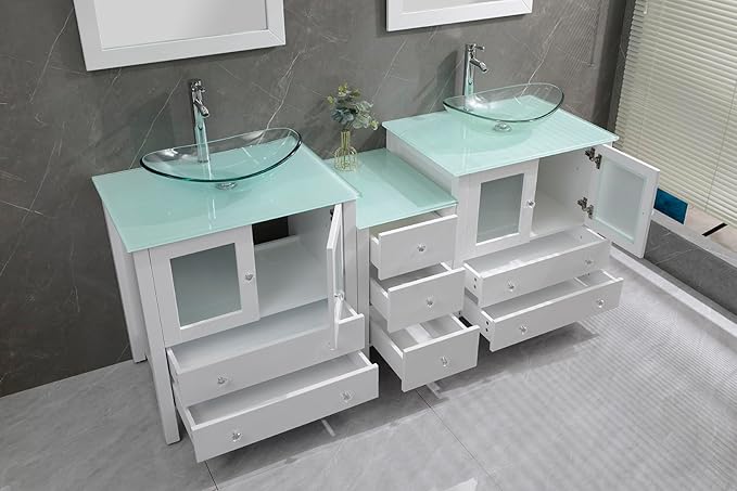 76" Freestanding Wooden Modern Bathroom Vanity with Double Vessel Sink Set Bathroom Mirror Included (Clear Sink White)
