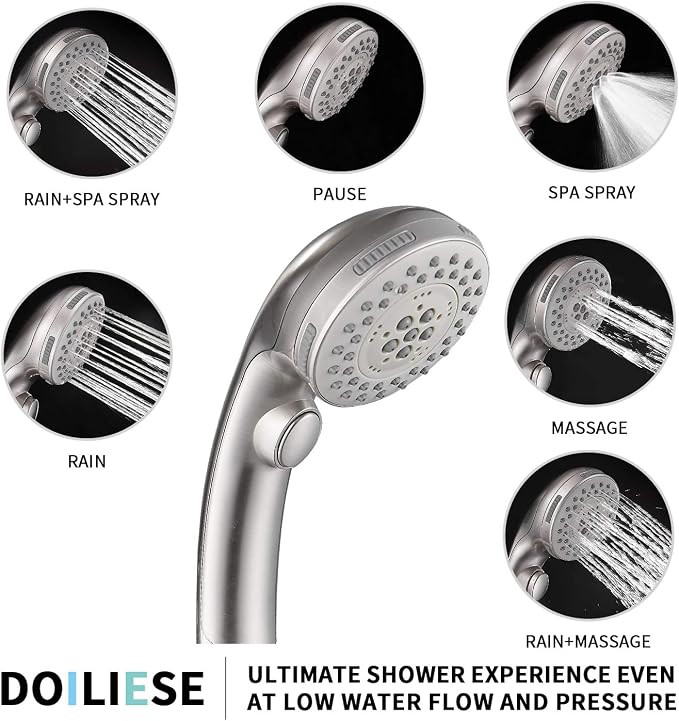 Shower Head, High Pressure 6 Setting Shower Head Hand-Held with ON/OFF Switch and Spa Spray Mode - Shower Heads with Handheld Spray High Pressure - Brushed Nickel