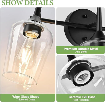 3-Light Bathroom Light Fixtures, Black Vanity Lights for Bathroom with Clear Glass, 19.5 Inch Bathroom Lighting Fixtures Over Mirror, Modern Wall lamp for Cabinet Hallway