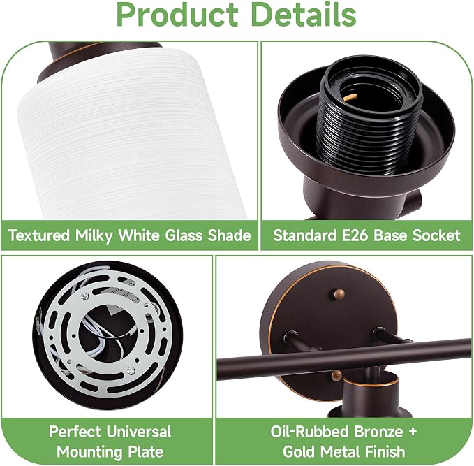 3-Light Bathroom Light Fixtures, Oil-Rubbed Bronze Gold Vanity Lights for Mirror with Textured Milky White Glass Shade, Modern Kitchen Light Fixtures Wall Sconce Light - E26