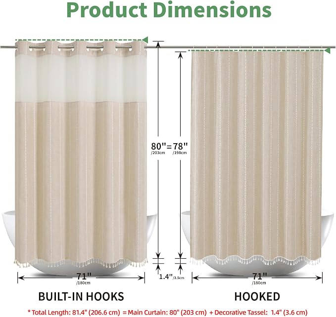 eachope No Hook Long Shower Curtain Set with Snap-in Fabric Liner,Linen Textured Thick Striped Fabric with Tassels,Boho Farmhouse Rustic Luxury Bathroom Curtain,Water-Repellent,Cream/Beige,71x80 | 330GSM Thick Linen Textured Striped,Boho Farmhouse Rust...