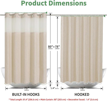 eachope No Hook Long Shower Curtain Set with Snap-in Fabric Liner,Linen Textured Thick Striped Fabric with Tassels,Boho Farmhouse Rustic Luxury Bathroom Curtain,Water-Repellent,Cream/Beige,71x80 | 330GSM Thick Linen Textured Striped,Boho Farmhouse Rust...