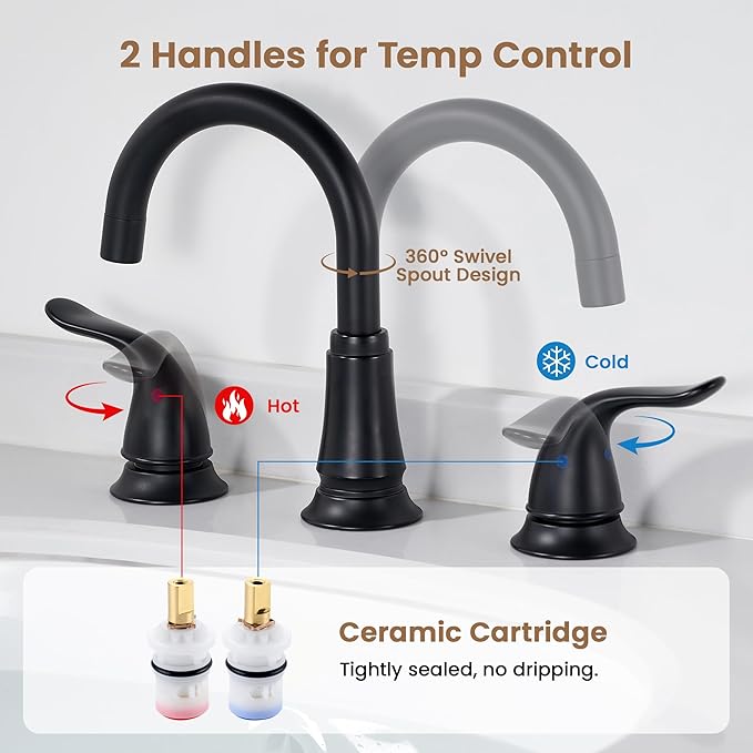 Matte Black Widespread Bathroom Faucet 3 Hole, 8 Inch Adjustable Bathroom Sink Faucet with Pop-Up Drain & Supply Lines, Dual Handle 360° Swivel Spout, Modern Design