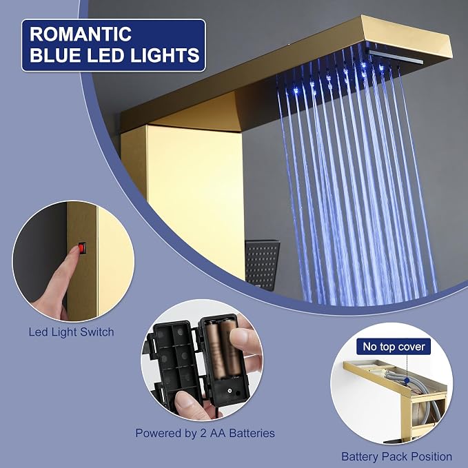 ROVATE 6 in 1 LED Rainfall Waterfall Shower Panel Tower System Brushed Gold | Stainless Steel Shower Column with 2-Setting Body Jets, Waterfall Tub Spout and Flexible Handheld, Water Flow Adjustable
