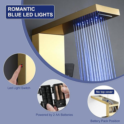 ROVATE 6 in 1 LED Rainfall Waterfall Shower Panel Tower System Brushed Gold | Stainless Steel Shower Column with 2-Setting Body Jets, Waterfall Tub Spout and Flexible Handheld, Water Flow Adjustable