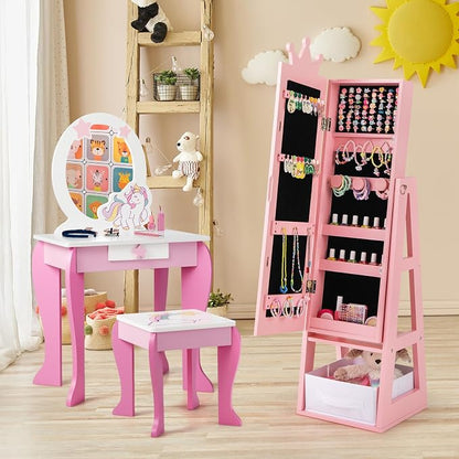 CHARMAID Kids Standing Jewelry Armoire - 45.5'' Pink Jewelry Cabinet with Full Length Mirror, Storage Drawer, Back Shelf and Kids Jewelry Organizer Box Vanity Dressing Mirror for Girls