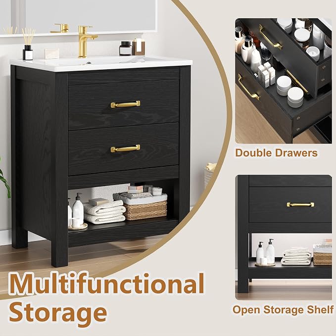 Bathroom Vanity with Sink, 24 Inch Small Bathroom Storage Cabinet with Double Drawers, Freestanding Modern Bathroom Cabinet with Open Bottom Shelf & LED Light, Black