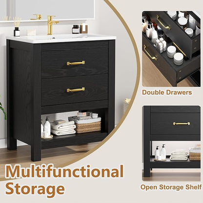 Bathroom Vanity with Sink, 24 Inch Small Bathroom Storage Cabinet with Double Drawers, Freestanding Modern Bathroom Cabinet with Open Bottom Shelf & LED Light, Black