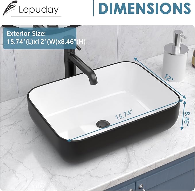 Ceramic Bathroom Sink Black and White 16" x 12" Above Counter Vessel Sink | Modern White Porcelain Ceramic Above Counter Vanity Sink Art Basin Rectangular Countertop Bathroom Vessel Sinks