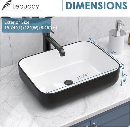 Ceramic Bathroom Sink Black and White 16" x 12" Above Counter Vessel Sink | Modern White Porcelain Ceramic Above Counter Vanity Sink Art Basin Rectangular Countertop Bathroom Vessel Sinks