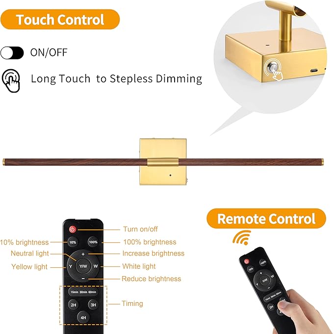 Battery Operated Wall Sconce Single, Walnut Rechargeable Wall Sconce with Remote, Dimmable Sconce Wall Light, 24 Inch LED Wireless Wall Light for Background Wall, Bedroom,Living Room