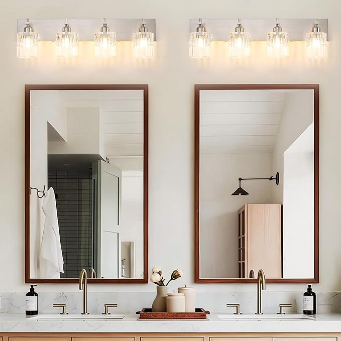 OCIOC 4-Light Nickel Bathroom Vanity Light Over Mirror, Brushed Nickel Bathroom Wall Lights with Glass Shades, Indoor Wall Mounted Lamp for Living Room Bedroom Hallway
