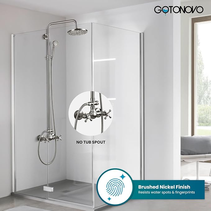 gotonovo Exposed Bathroom Shower Faucet Set Shower Fixture 8 Inch Rainfall Shower Head Handheld Shower Cross Handle Wall Mount 2 Functions Brushed Nickel