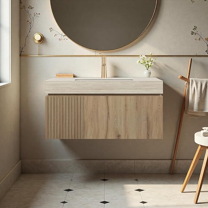 36" Bathroom Vanity with Sink, Wall-Mounted Plywood Bathroom Storage Cabinet with Ceramic Basin & Sintered Stone Countertop, Modern Pre-Assembled Floating Vanity with Drawer & Door, Oak