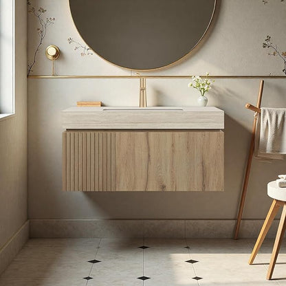 36" Bathroom Vanity with Sink, Wall-Mounted Plywood Bathroom Storage Cabinet with Ceramic Basin & Sintered Stone Countertop, Modern Pre-Assembled Floating Vanity with Drawer & Door, Oak