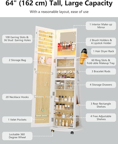 Full Length Mirror with Jewelry Storage, 360° Rotating Jewelry Armoire Organizer with Lights, Lockable Mirror Jewelry Cabinet Standing, Jewelry Mirror Cabinet for Gifts (White)