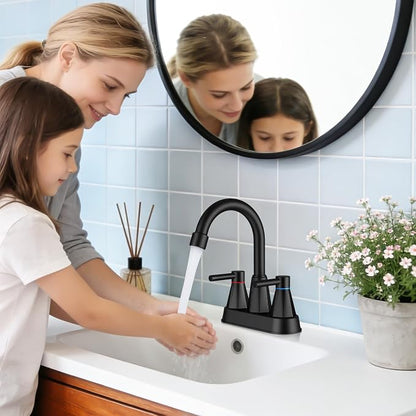 Matte Black Bathroom Sink Faucet, 2-Handle 4-inch Centerset Faucet | Lead-free stainless steel, pop-up drain included, Detachable faucet aerator, 360°swivel spout, for vanity sink 3-hole mount