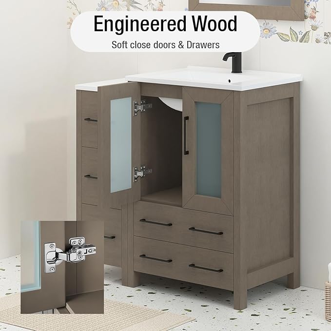 HOMEBEYOND 36 Inch Modern Bathroom Vanity with Sink & Mirror, Single Vanity Cabinet with Basin and Mirror, Dove-Tailed Drawers, Soft-Closing Doors, Wood, Driftwood Gray