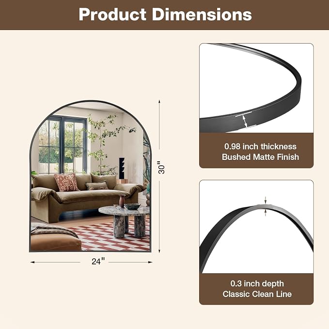 24"x30" Matte Black Arched Vanity Bathroom Mirror, Set of 2 | Aluminum Alloy Frame, Clear Reflection, Rust-Resistant, Vertical or Horizontal, Wall Mount, Bedroom and Entryway