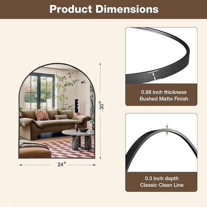 24"x30" Matte Black Arched Vanity Bathroom Mirror, Set of 2 | Aluminum Alloy Frame, Clear Reflection, Rust-Resistant, Vertical or Horizontal, Wall Mount, Bedroom and Entryway