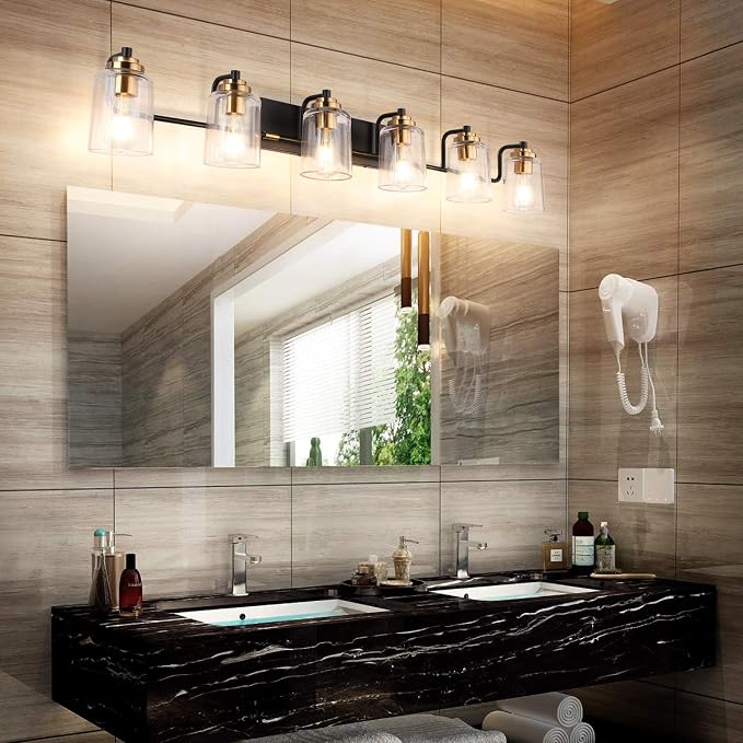 SOLFART Vintage Wall Vanity Lights for Bathroom Vanity Light 40 inch Black Globe Light Metal with Clear Glass Brass Fixtures Wall Mount Lighting Sconce 6 Light
