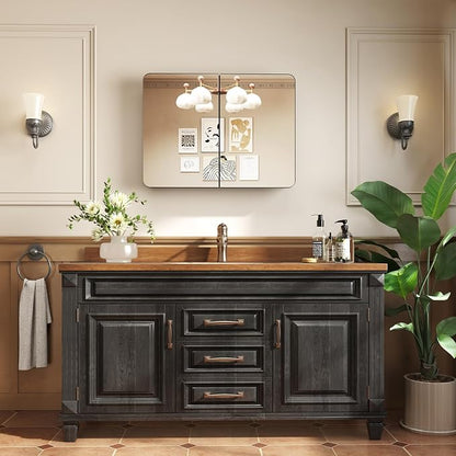 32x24 in Double Door Medicine Cabinet with Mirror, Matte Black | Fully Assembled; Recessed or Surface Wall Mount; Metal Cabinet with Tempered Glass Mirror and Two Adjustable Glass Shelves