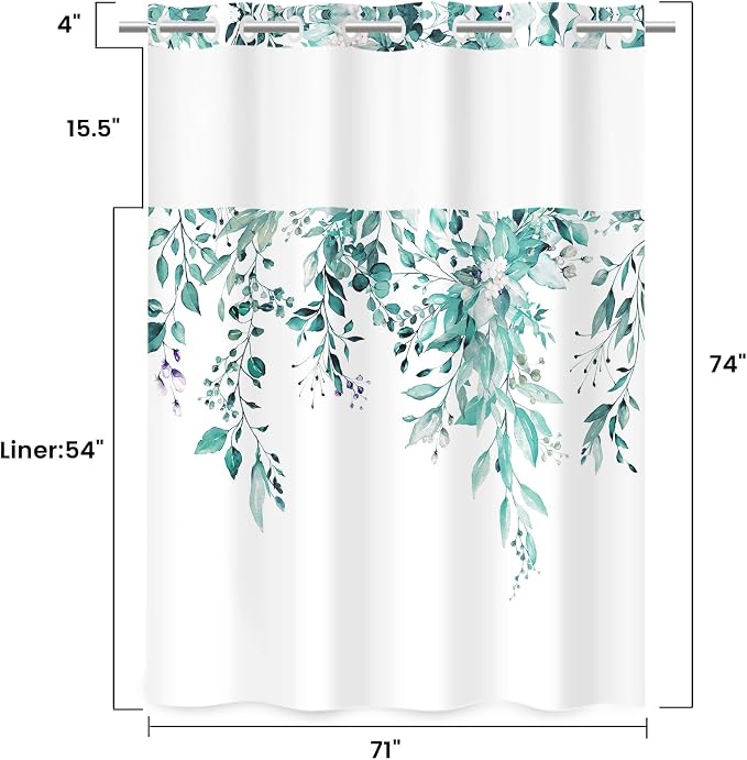 No Hook Shower Curtain with Liner, Eucalyptus Seaweed Green, 71x74 | Snap in Liner, 3 in 1, Water Repellent, Easy Install, Machine Washable, Hotel Style for Bathroom, Watercolor Pattern