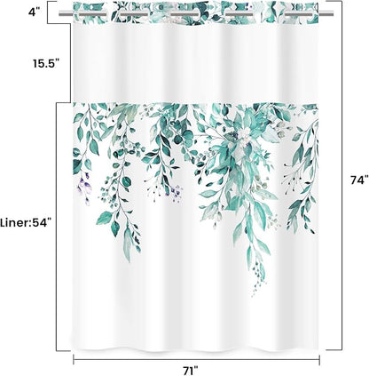 No Hook Shower Curtain with Liner, Eucalyptus Seaweed Green, 71x74 | Snap in Liner, 3 in 1, Water Repellent, Easy Install, Machine Washable, Hotel Style for Bathroom, Watercolor Pattern