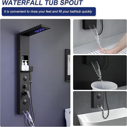 ROVATE Matte Black LED Rainfall Waterfall Shower Panel Tower System with Shelf - Powerful Stainless Steel Shower Column with Mist and Massage Body Jets, Handheld, Waterfall Tub Spout