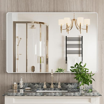 White Bathroom Mirror 48x32 Inch, White Metal Framed Bathroom Mirror for Wall, Rounded Rectangle Matte Bathroom Vanity Mirror, Tempered Glass, Anti-Rust, Horizontal/Vertical