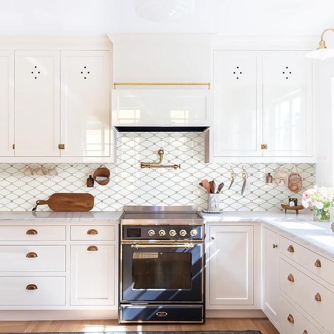 STICKGOO 10 Sheets Peel and Stick Backsplash, Glossy White | PVC Mixed Metal Gold Kitchen Backsplash, Waterproof, Stick on Wall Tiles, For Kitchen, Bathroom, RV