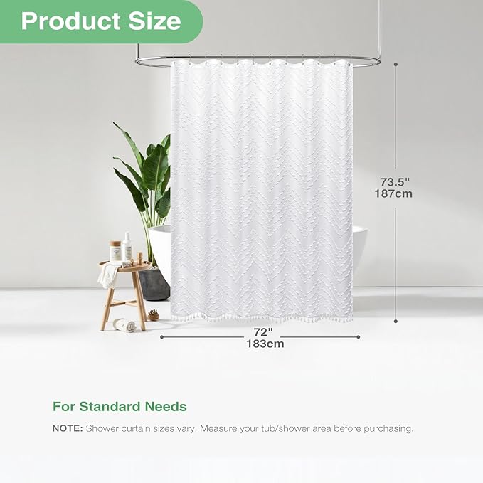 Dynamene Boho Farmhouse Shower Curtain, White Fabric Tufted Chevron Striped Textured Tassel Shower Curtains for Bathroom, Water Repellent, Minimalist Ruffled Cloth Shower Curtain Set with Hook, 72x72