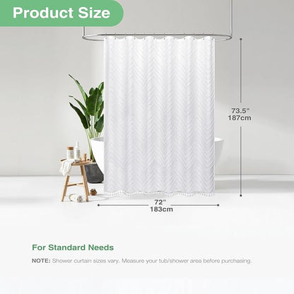 Dynamene Boho Farmhouse Shower Curtain, White Fabric Tufted Chevron Striped Textured Tassel Shower Curtains for Bathroom, Water Repellent, Minimalist Ruffled Cloth Shower Curtain Set with Hook, 72x72