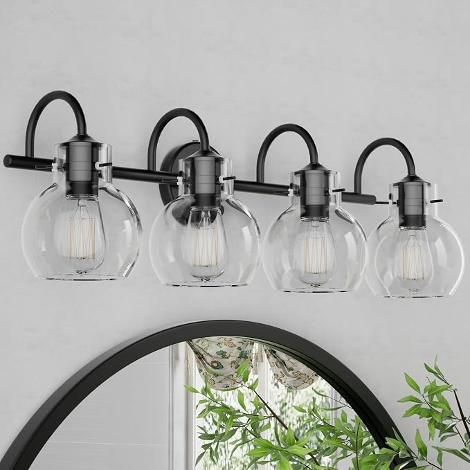 4 Lights Bathroom Vanity Light Fixtures Over Mirror Black Modern | 24in Large Wall Sconce,Matte Black,Globe Glass Shade,E26 Base,UL Certified,Anti-Rust,Damp Rated,Bathroom Bedroom Living Room
