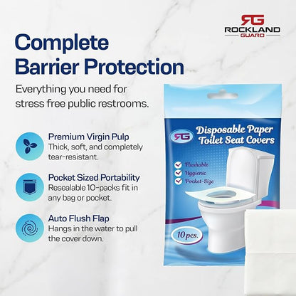 Rockland Guard Disposable Toilet Seat Covers - Flushable Paper Travel Pack - 200 Count (20 Resealable 10-Packs) - Portable Potty Training & Bathroom Hygiene Essentials for Adults & Kids