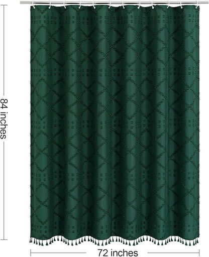 Extra Long Dark Green Boho Woven Fabric Shower Curtain with Tassel 72 x 84, Green Bohemia Tufted Chevron Striped Chic Textured, Modern Farmhouse Minimalist Waterproof Curtain for Bathroom | Modern Farmhouse Curtain for Bathroom, Extra Long Bathroom Cur...