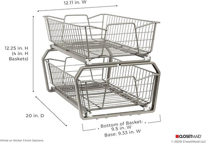 ClosetMaid 11 in. Pull Out Cabinet Organizer, 2 Tier, Heavy Duty, Slide Out Pantry Shelves Drawers for Kitchen, Bathroom, White