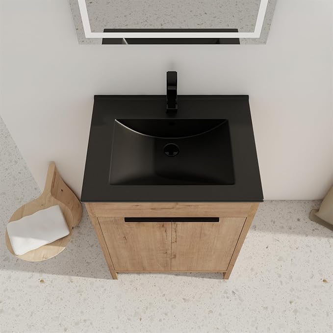 SSLine 24-Inch Bathroom Vanity with Sink Mid-Century Bathroom Vanities with Black Top Basin Floor Wood Bathroom Sink Cabinet with Soft-Close Doors & Adjustable Storage Shelves (Natural Brown)